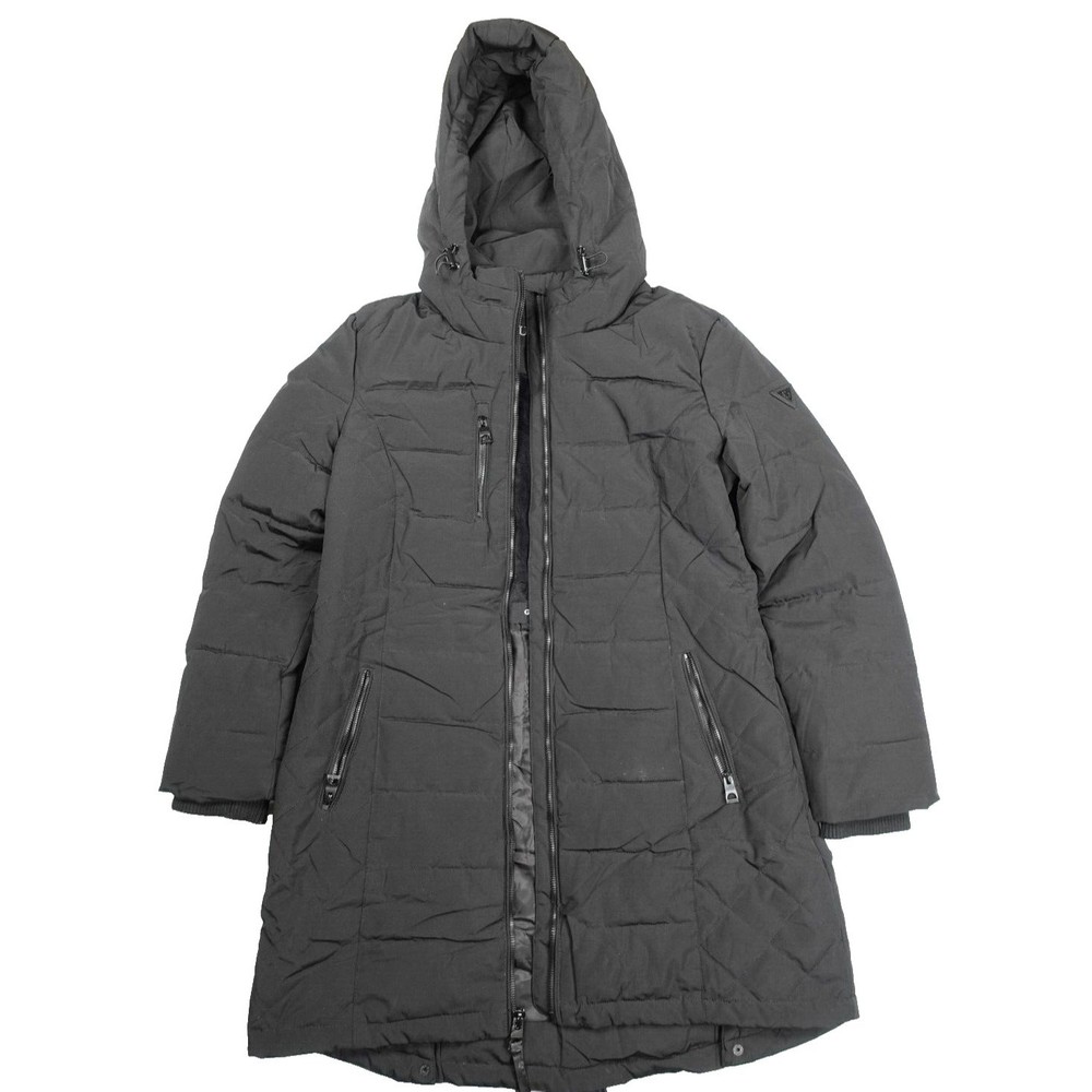 Women's Guess Black Hooded Parka Winter Jacket Full Zip Adult Size Large
